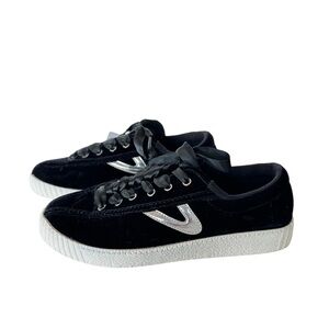 NWT Tretorn Black Velvet Sneakers with Ribbon Laces and White Soles Size 6.5.